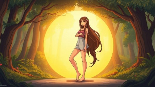 Serene woman in forest circle promoting healthy aging and longevity