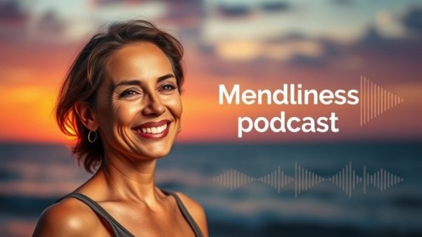 Mindfulness meditation podcast cover with serene ocean sunset