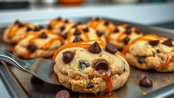 Close-up of scoopable cookies drizzled with caramel and chocolate chips.
