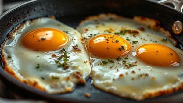 Close-up of heavy cream fried eggs with herbs in a skillet.
