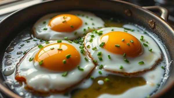 Sunny-side-up eggs with chives fried in heavy cream, delicious meal.