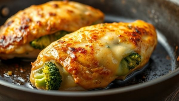 Appetizing broccoli and cheese stuffed chicken breasts in a pan.