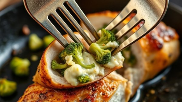 Delicious stuffed chicken breast with broccoli and cheese in skillet.