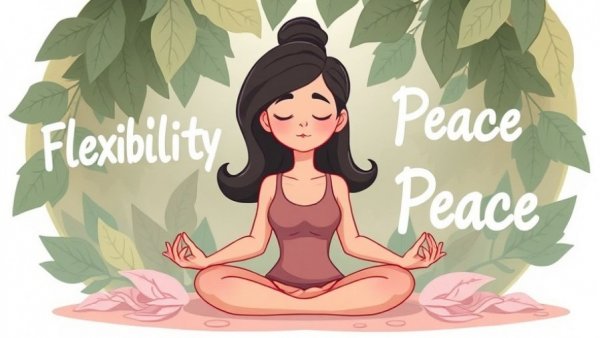 Meditating cartoon woman surrounded by positive words in serene garden.