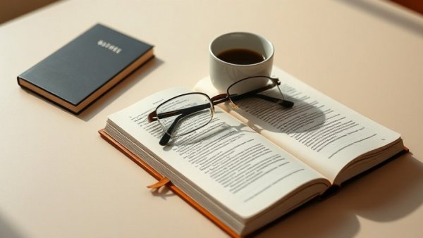 Minimalist book display with coffee and glasses