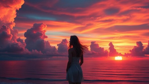 Woman embraces tranquility under tree by ocean sunset, symbolizing healthy aging.