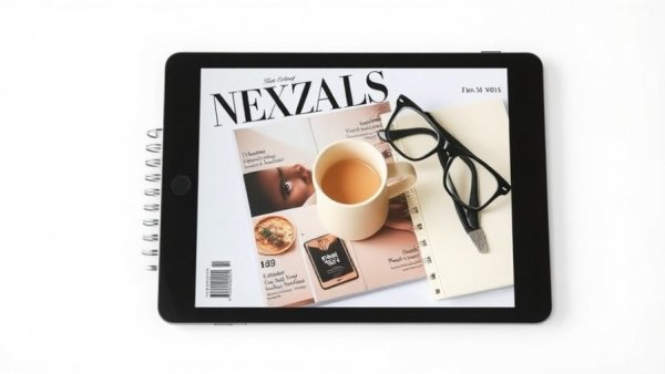 Magazine cover on a tablet with coffee mug and glasses.