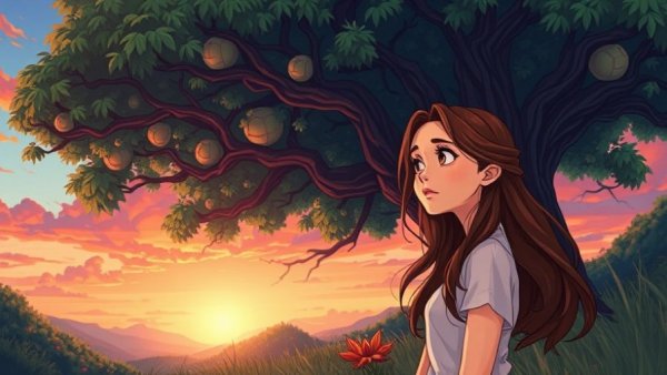 Young woman standing under tree at sunset, overcoming childhood trauma