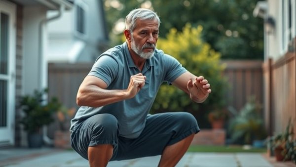 Man demonstrating squat as a movement strategy for back pain recovery.