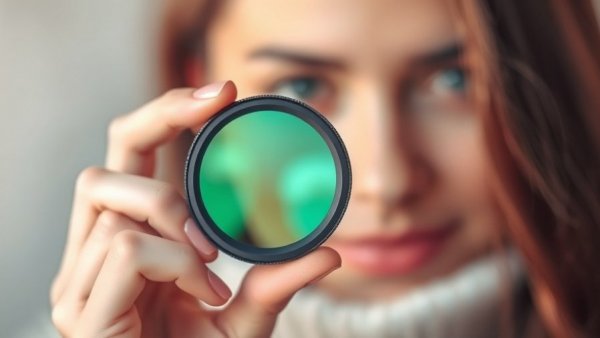 Defocused woman holding camera lens filter, overcoming imposter syndrome concept.