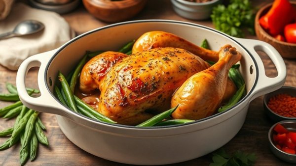 Healthy meals: roasted chicken with vegetables in a Dutch oven