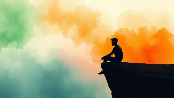 Silhouette on cliff under vibrant sky, avoiding vulnerability.