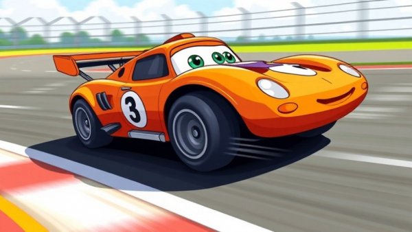 Cartoon orange race car with number 3 in motion