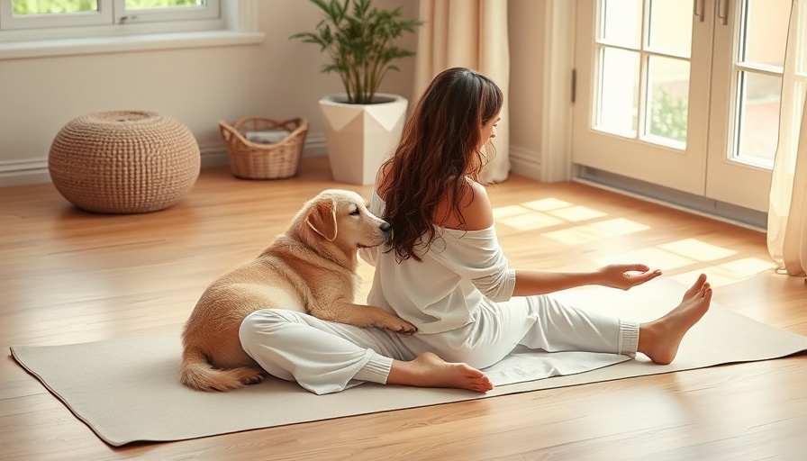 Calm recovery yoga pose with dog in serene room.