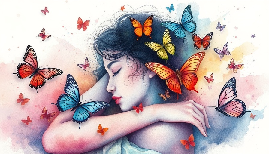Abstract female with butterflies, symbolizing healing journey and solitude.