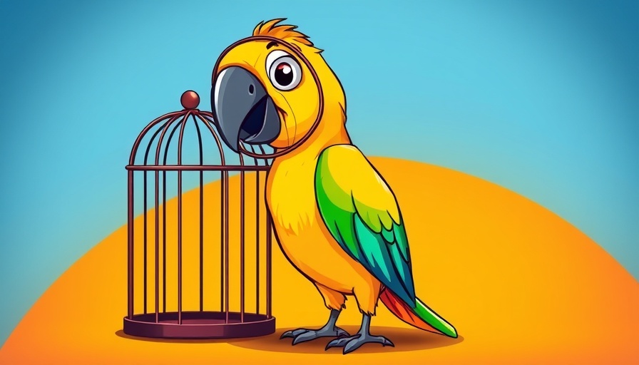 Colorful parrot with caged head beside open cage, symbolizing freedom.