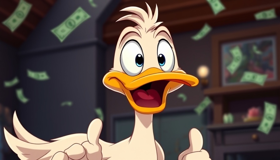 Animated cartoon duck surprised indoors with dark background