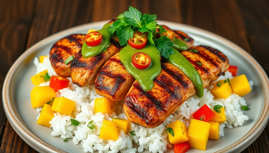 Juicy grilled chicken with colorful veggies over rice, healthy meals.
