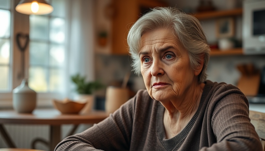 Elderly woman looking confused at a table in a cozy kitchen.