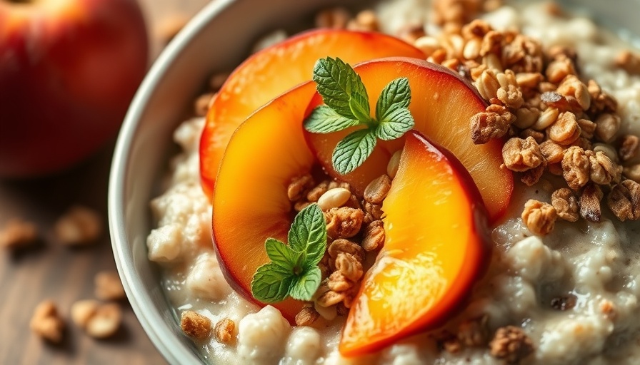 Peach cobbler oatmeal with fresh peaches and granola.
