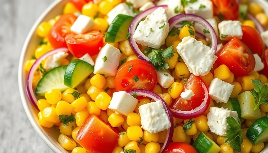 Mediterranean Corn Salad with vibrant ingredients and feta cheese.