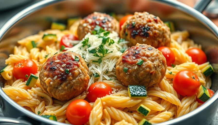 Quick healthy meal with chicken meatballs and orzo close-up