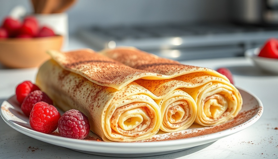 Creamy tiramisu crepe rolls with cocoa and raspberries.
