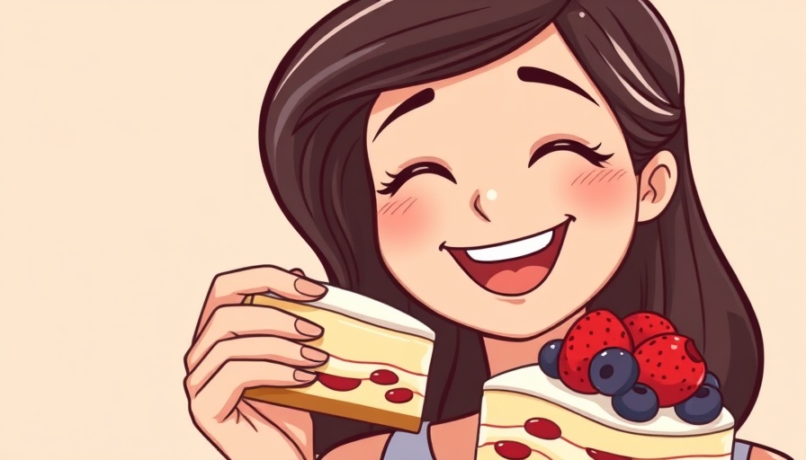 Illustration of woman enjoying dessert, highlighting healthy relationship with food.