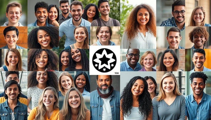 Diverse individuals in a collage, smiling in various settings.