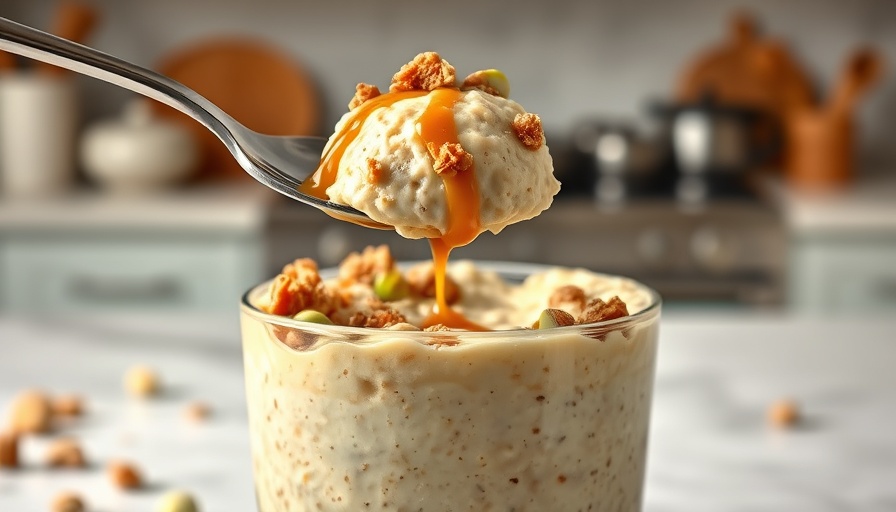 Blended pistachio overnight oats in a jar with a spoon lifting a rich dollop.