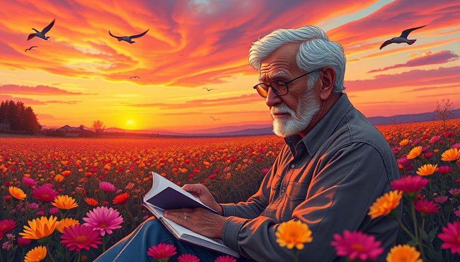 Older man journaling in vibrant sunset landscape, symbolizing healthy aging and longevity.