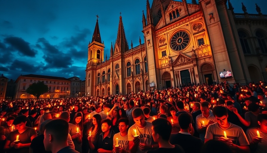 Vibrant evening gathering near cathedral, candles glowing, transformative nursing experiences.