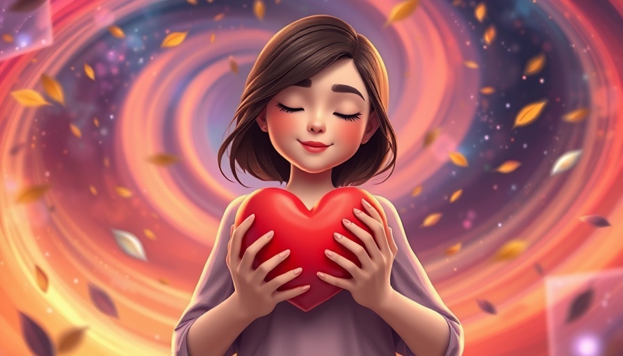 Choosing self-love; young woman holding a heart in cosmic background.