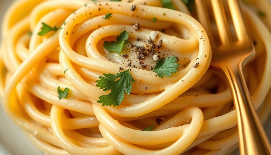 Creamy fettuccine pasta garnished with parsley and pepper.