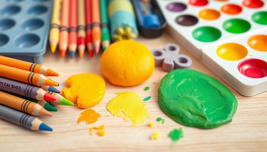 Colorful non-toxic art supplies for kids including crayons and paints.