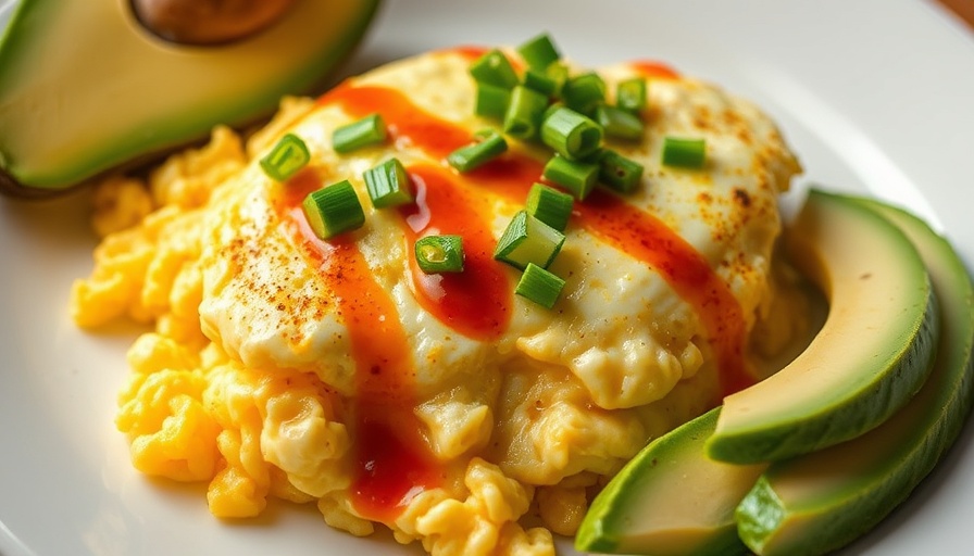 Easy sheet pan scrambled eggs with avocado and hot sauce.