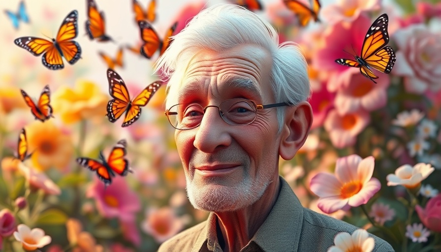 Vibrant illustration of an older man with butterflies, symbolizing healthy aging and longevity.