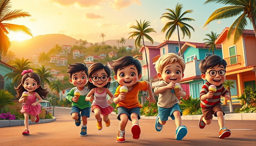 Joyful children running with ice cream, vibrant childhood change scene.