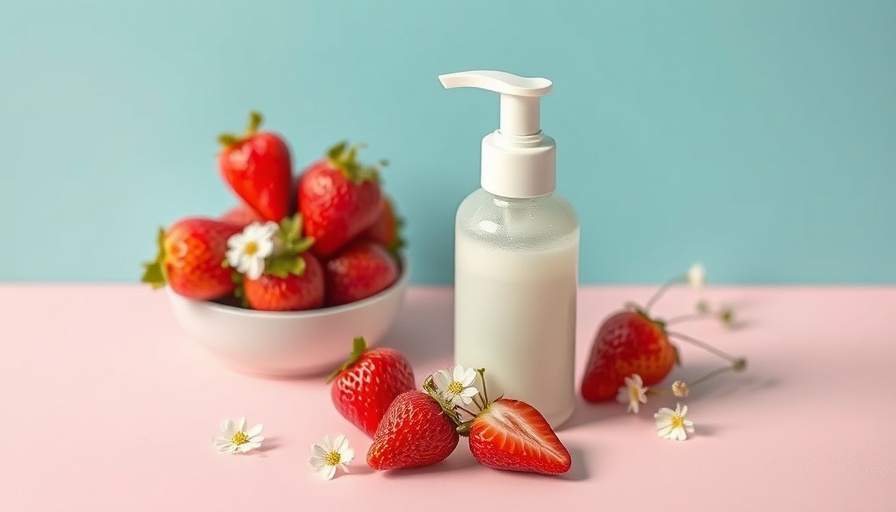 Non-toxic foaming facial cleanser with strawberries and flowers on pink.