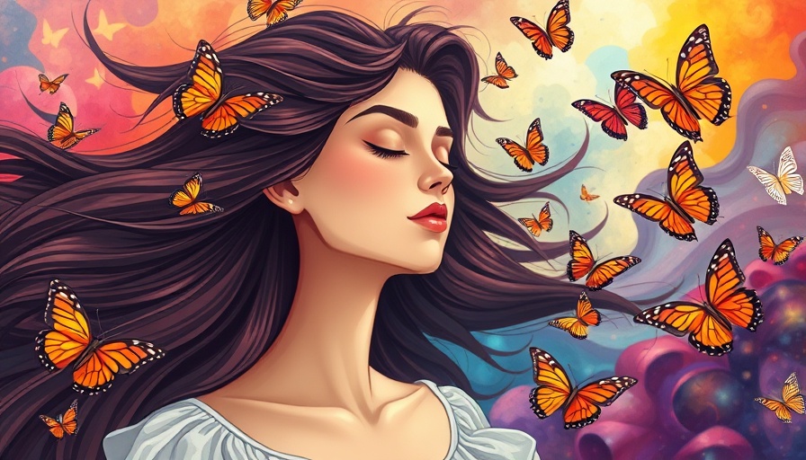 Woman surrounded by butterflies symbolizing growth through removing old habits, cartoon style.