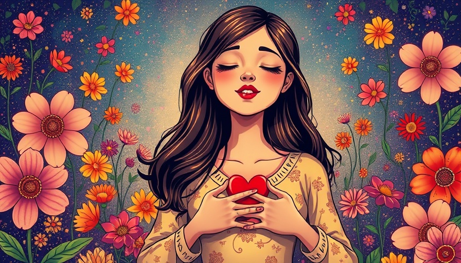 Serene woman focusing on body-mind connection amidst flowers.