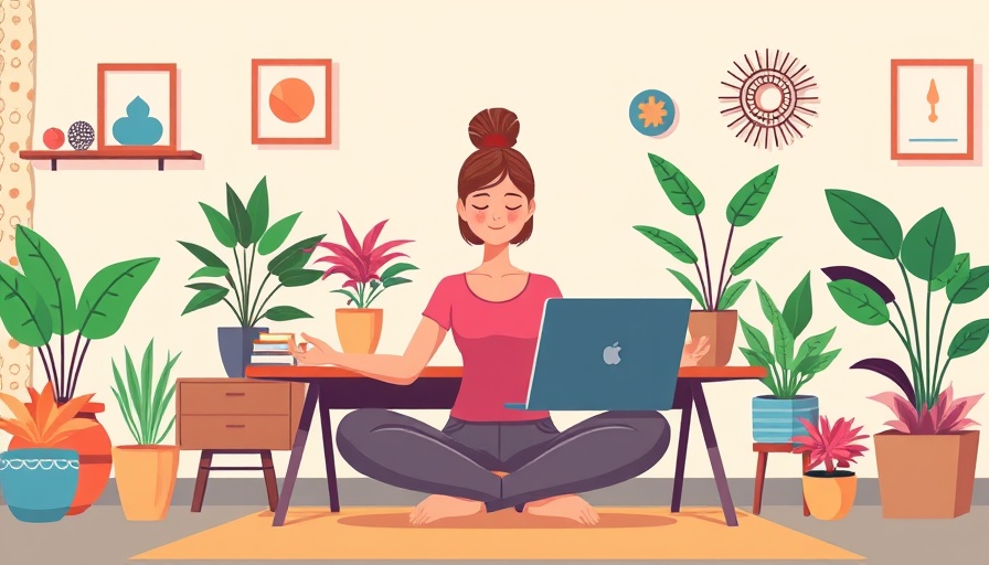 Cartoon woman practicing guided meditation at her desk with a laptop.