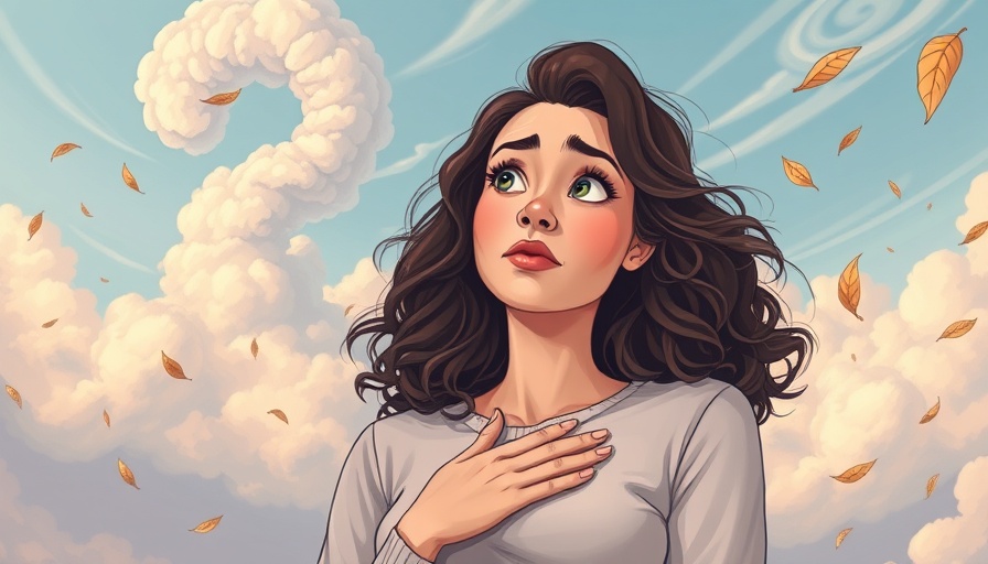 Curious woman pondering under whimsical clouds, representing curiosity in chronic illness.