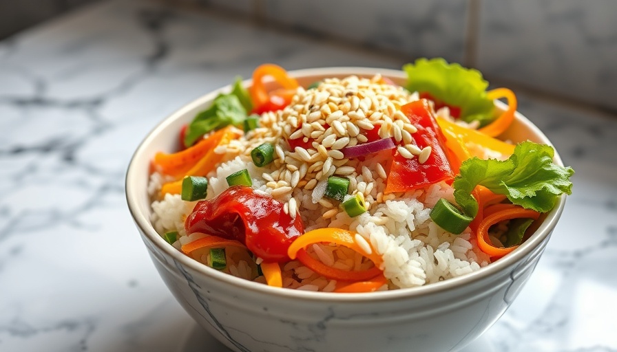 Easy recipes colorful veggie rice bowl with sesame seeds.