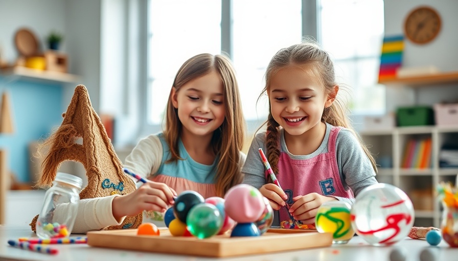 Young girls smiling while creating colorful marble art in a classroom.