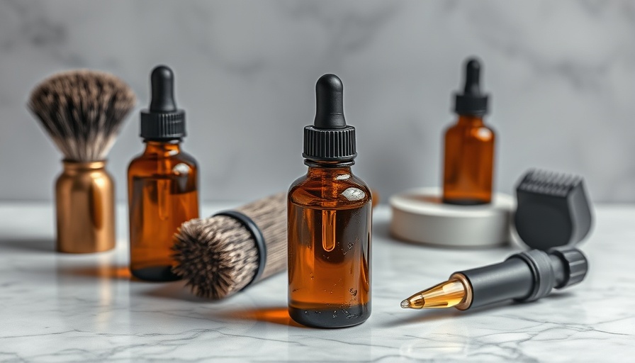 DIY beard oil bottles with grooming tools on marble.