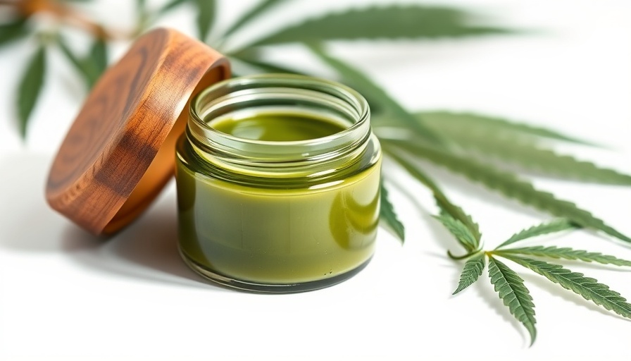 Cannabis salve in a wooden-lid jar with plant leaf detail.