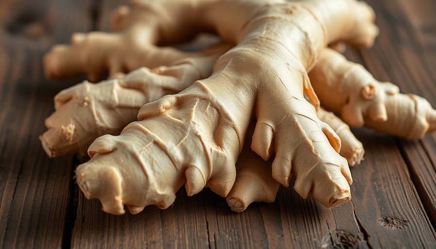 Fresh ginger roots on a rustic table, showing health benefits.