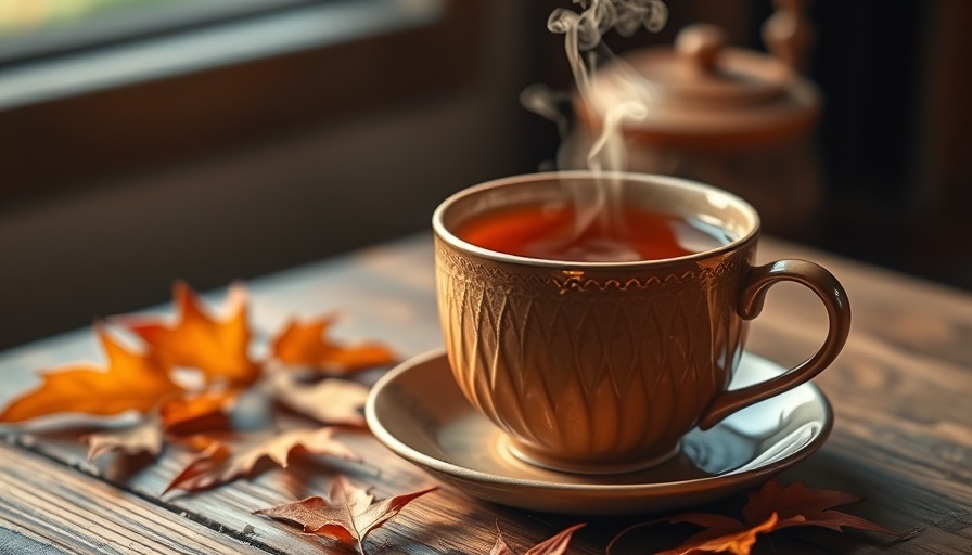 Cozy tea setup with autumn leaves, perfect for fall to winter transition.