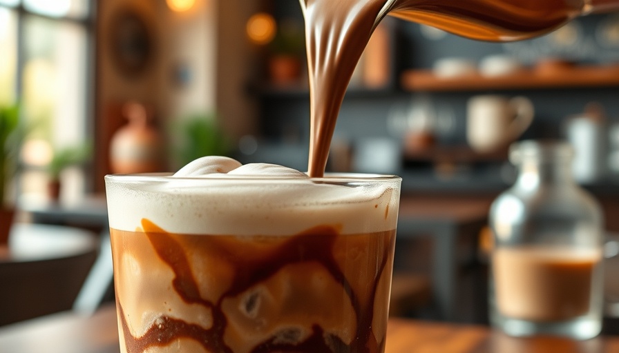 Chocolate protein cold foam pouring over iced coffee in a cozy café.